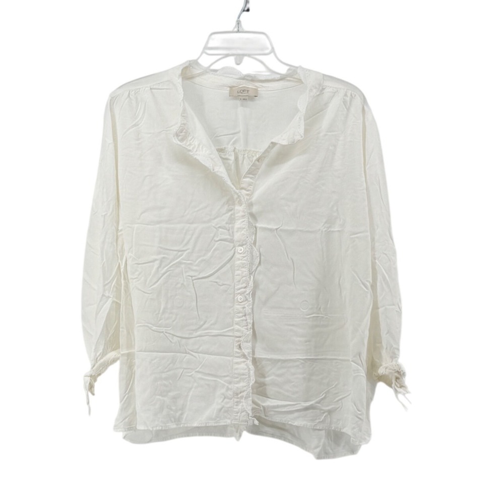 Loft Womens XL White Lace‎ Trim Button Down Blouse Top Cottagecore Romantic Boho